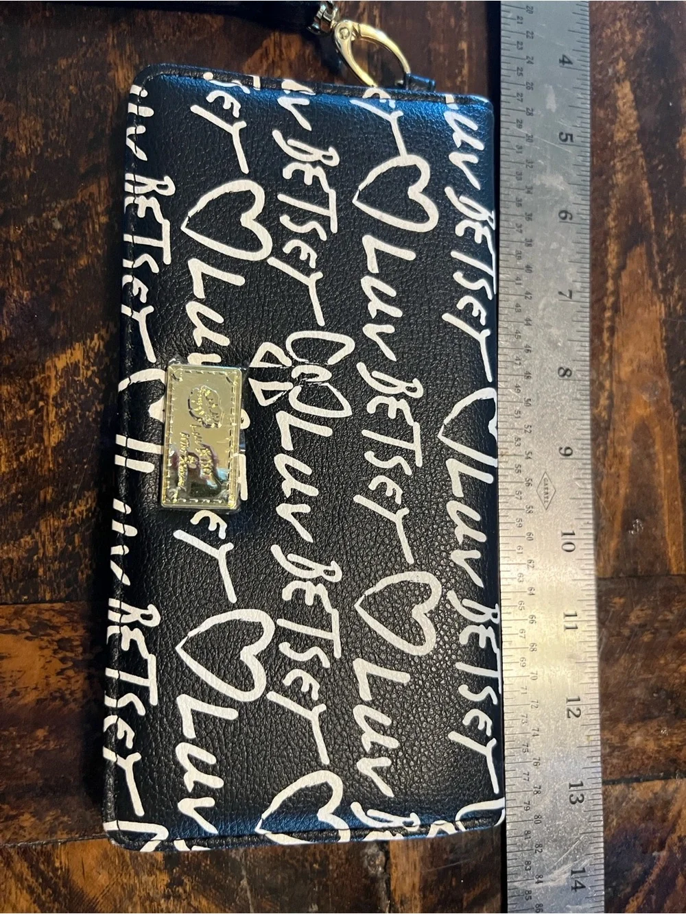 Betsey Johnson Black Wallet with White Script Heart Print